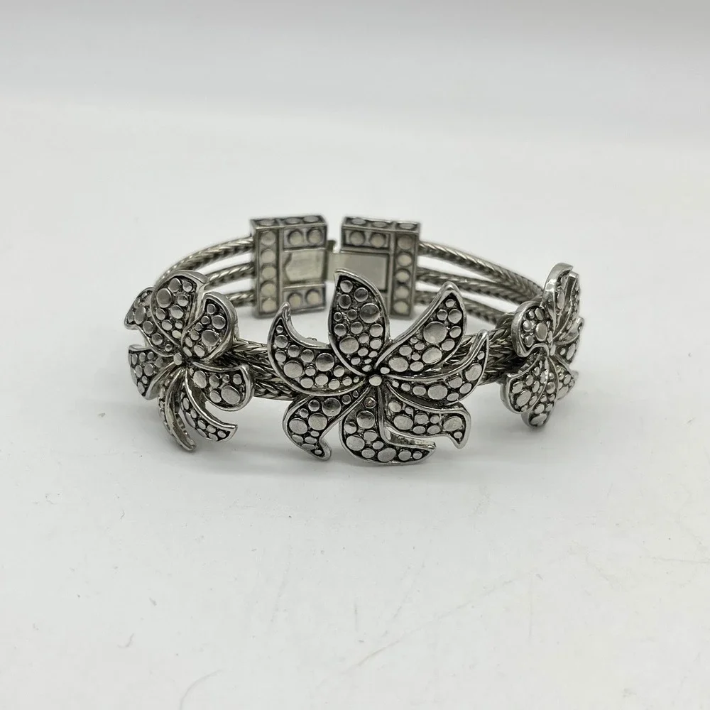 Silver Tone Triple Strand Wheat Chain Floral Dotted Texture Bracelet 7.5in